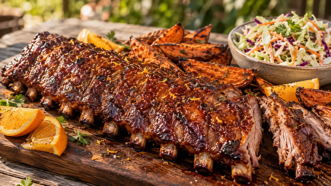 Sticky orange-glazed Soul Food pork ribs served with roasted sweet potato wedges, fresh slaw and charred orange.