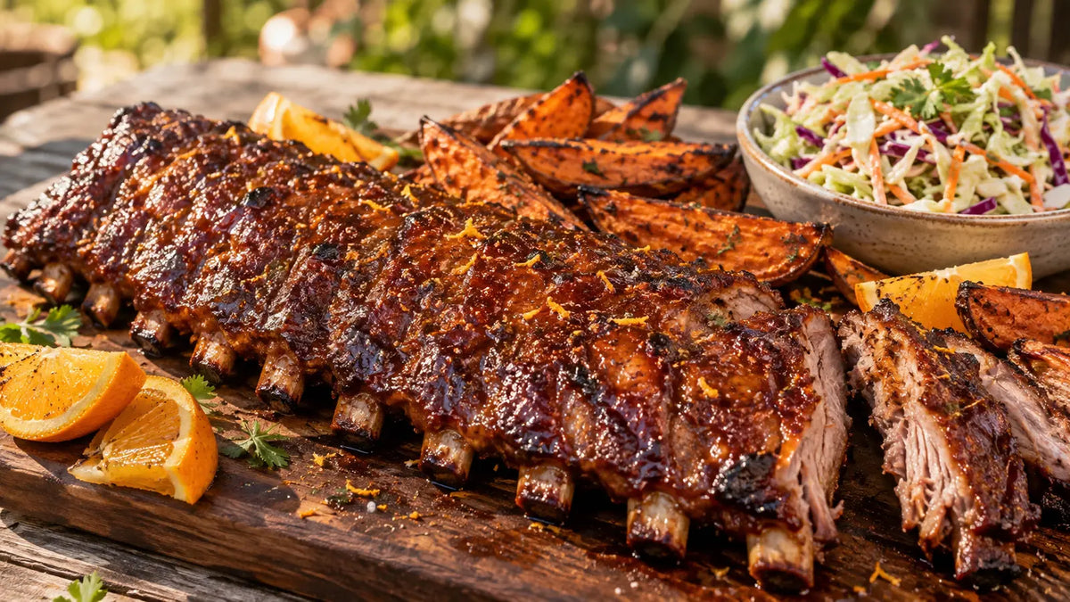 Sticky orange-glazed Soul Food pork ribs served with roasted sweet potato wedges, fresh slaw and charred orange.