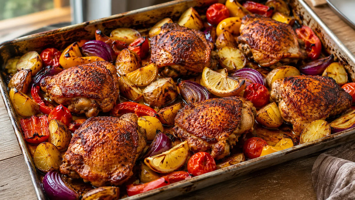 Paella-spiced roast chicken thighs with baby potatoes, peppers, tomatoes, red onion and lemon.