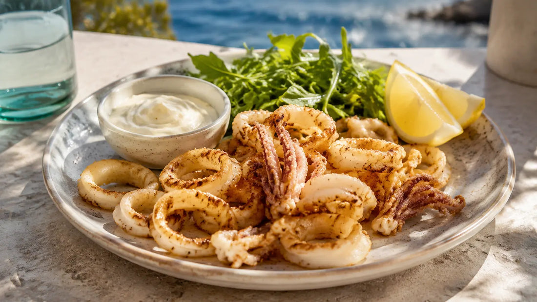 Crispy lemon pepper calamari rings and tentacles served with garlic mayonnaise, lemon wedges and a fresh green salad.