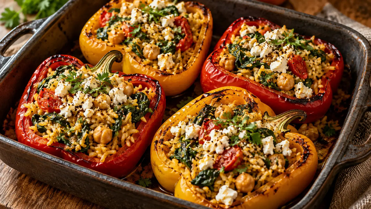 Roasted peppers stuffed with golden pilau rice, chickpeas, spinach and feta