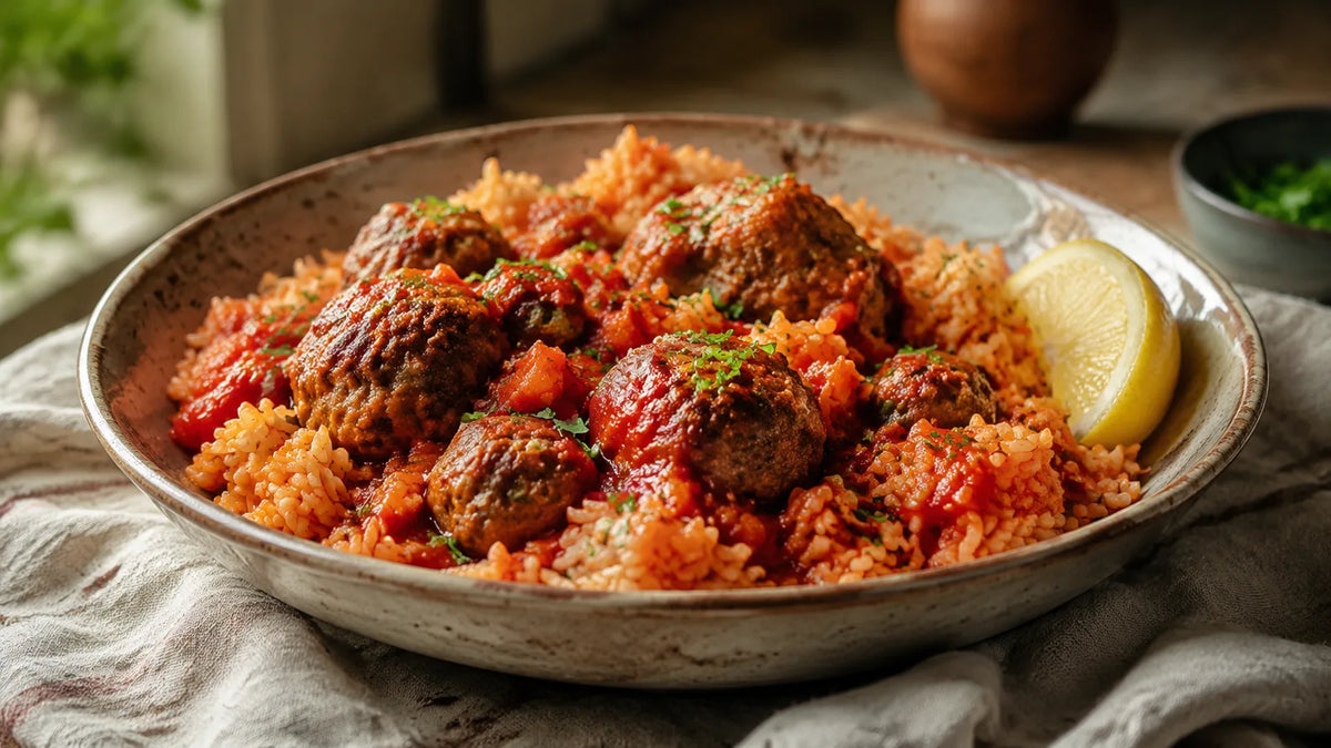 Rustic Piri Piri beef meatballs in tomato and pepper sauce served with fluffy tomato rice.