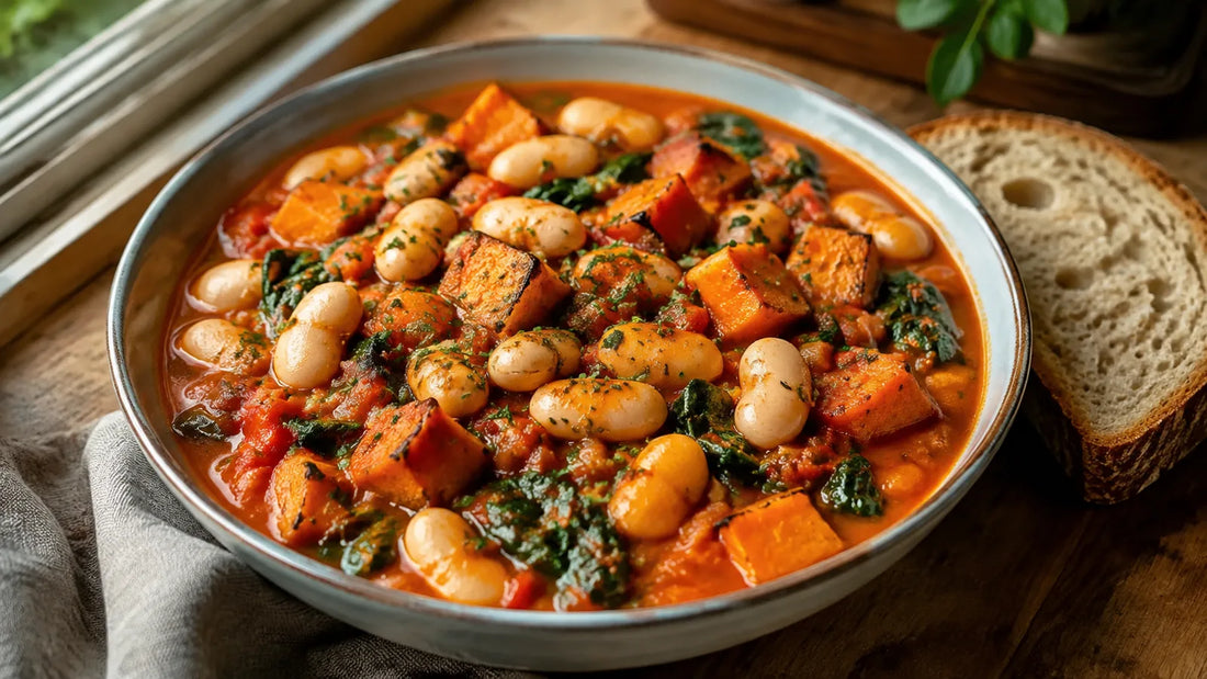 Piri Piri butter bean and sweet potato stew with spinach and red peppers served with rustic bread.