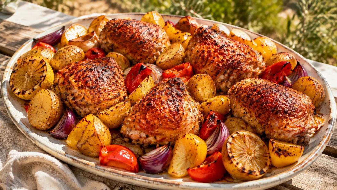 Piri Piri roast chicken thighs with crispy lemon potatoes, roasted peppers and red onion on a sunny serving platter.