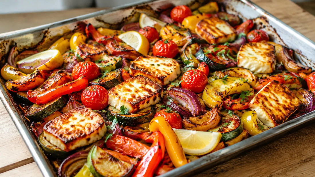 Golden Piri Piri halloumi with roasted courgettes, peppers, tomatoes and red onion in a traybake.