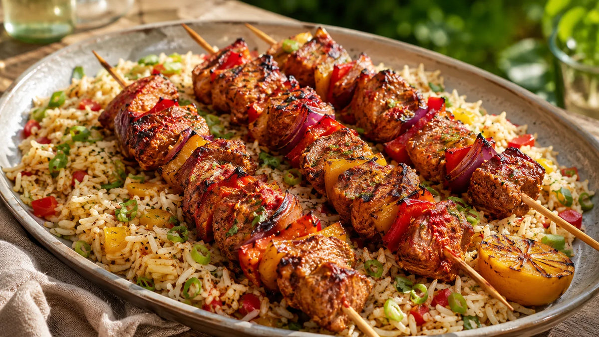 Grilled Piri Piri pork and pepper skewers served over colourful pepper rice with charred lemon.