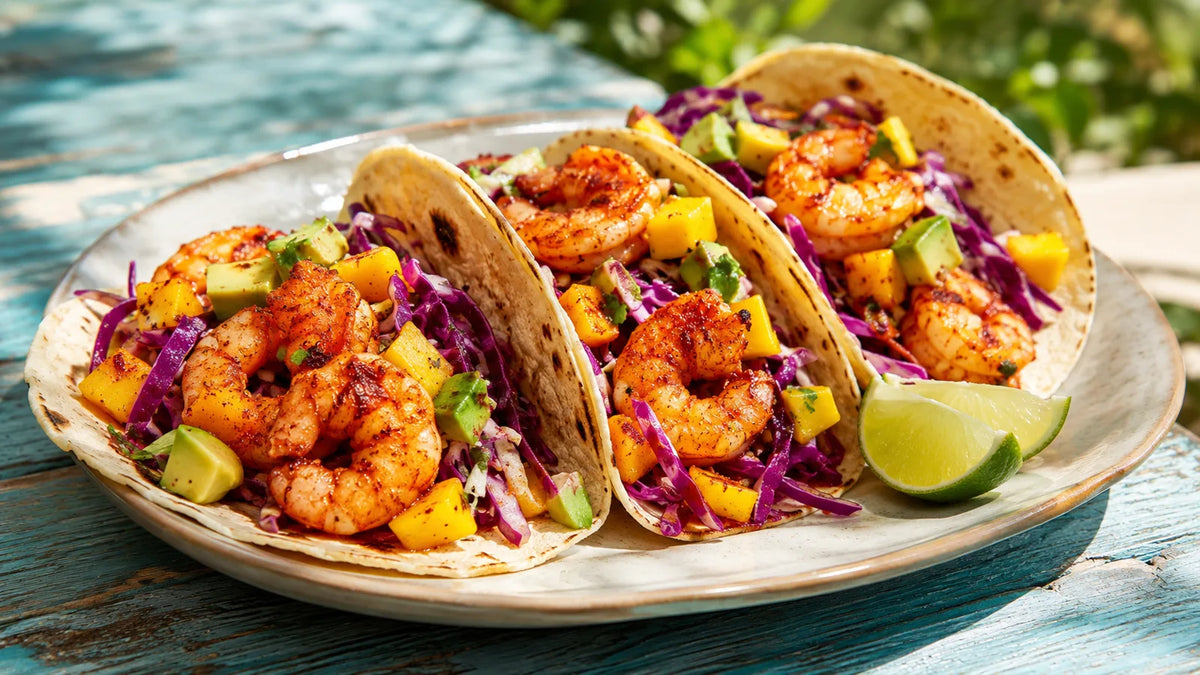 Three Piri Piri prawn tacos filled with mango slaw, avocado and purple cabbage, served with lime.