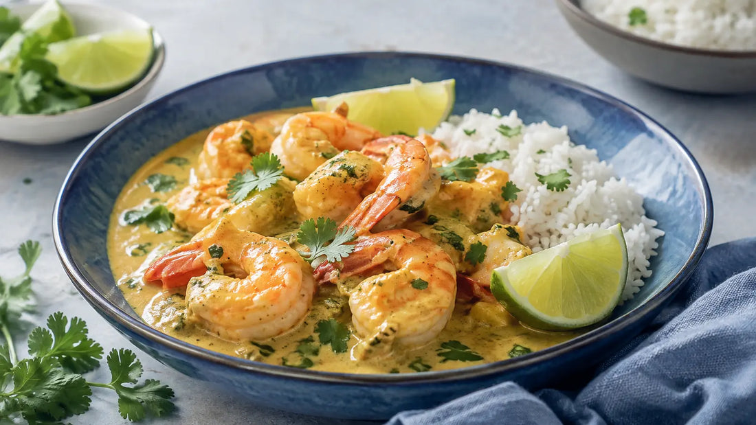 Creamy prawn korma with king prawns, coconut, lime and coriander, served with basmati rice.