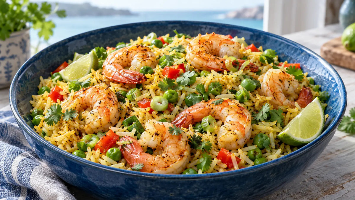 Prawn and pea pilau with golden basmati rice, red pepper, coriander and lime