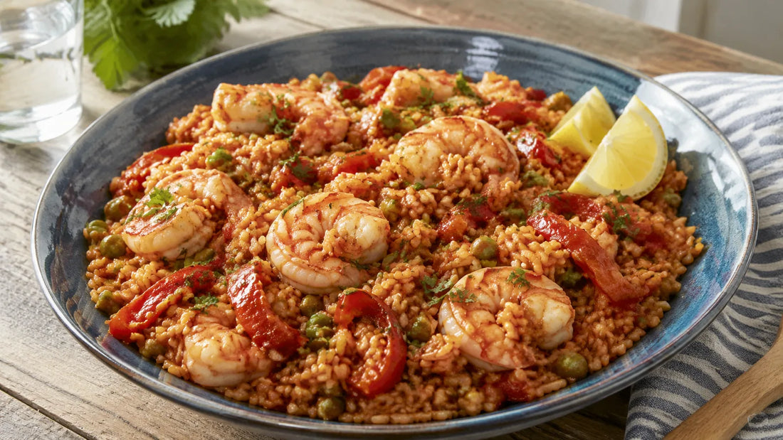 One-pan prawn, pea and roasted red pepper rice with lemon served in a blue ceramic bowl.