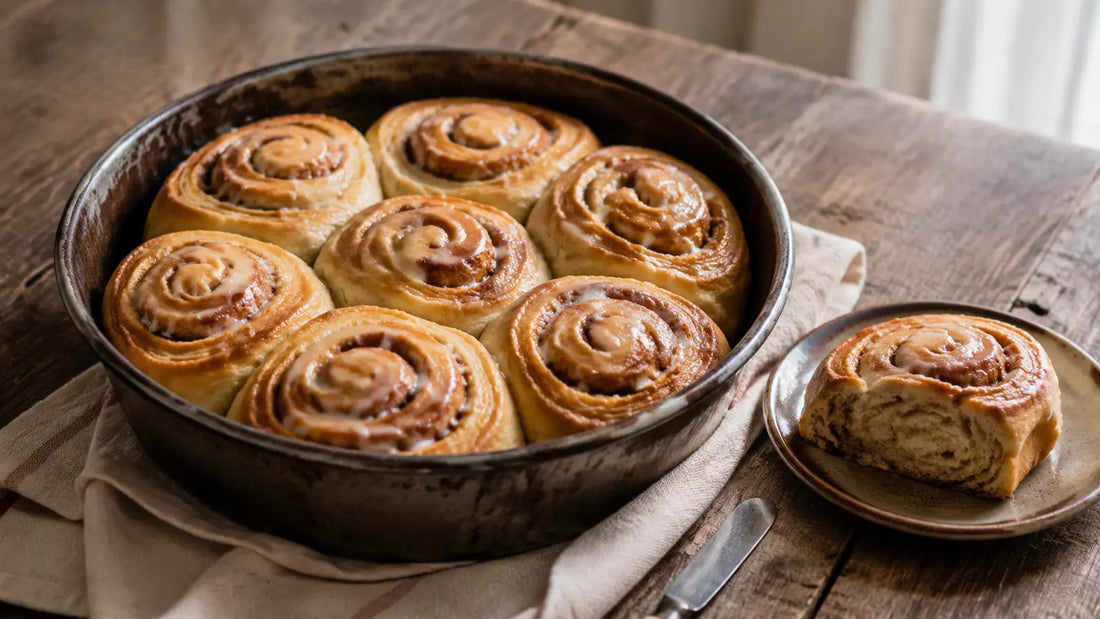 Soft homemade pumpkin spice cinnamon rolls lightly glazed in a round baking tin with one roll served on a plate.