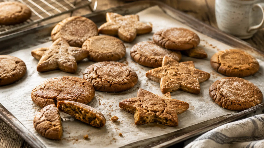 Homemade pumpkin spice gingerbread biscuits in simple round and star shapes cooling on a baking tray.