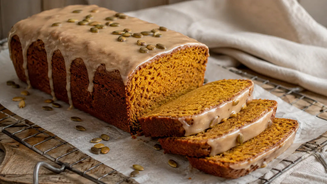 Moist pumpkin spice loaf cake with maple icing, toasted pumpkin seeds and three freshly cut slices.