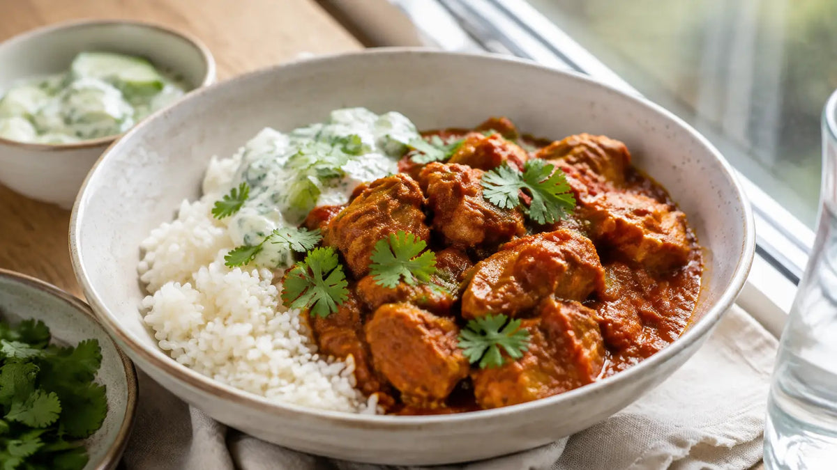 Quick chicken and tomato Rogan Josh with basmati rice, cucumber raita and fresh coriander.
