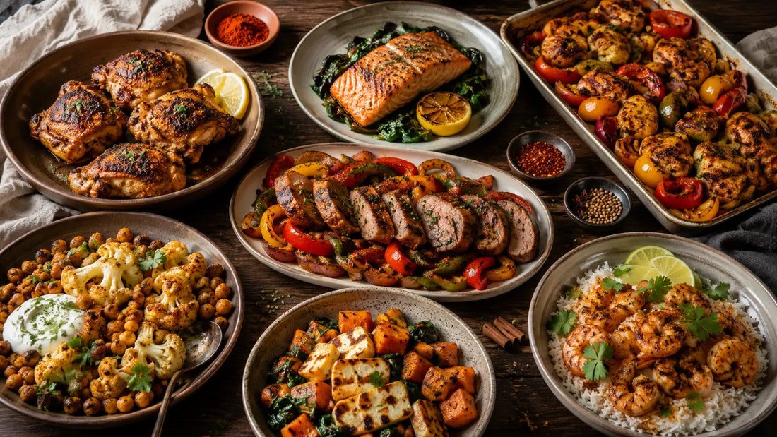 A colourful spread of seven quick midweek meals made with Spice & Dipity spice rubs, including chicken, salmon, pork, vegetables and prawns.