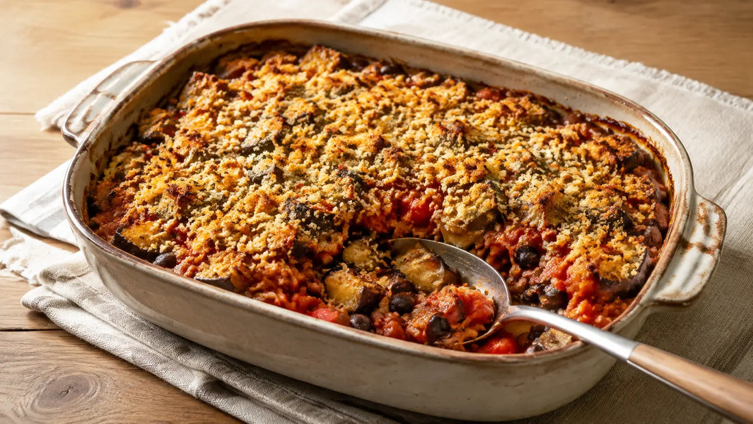 Ranch-spiced aubergine and black bean bake with tomato, red pepper and a crisp golden breadcrumb topping.