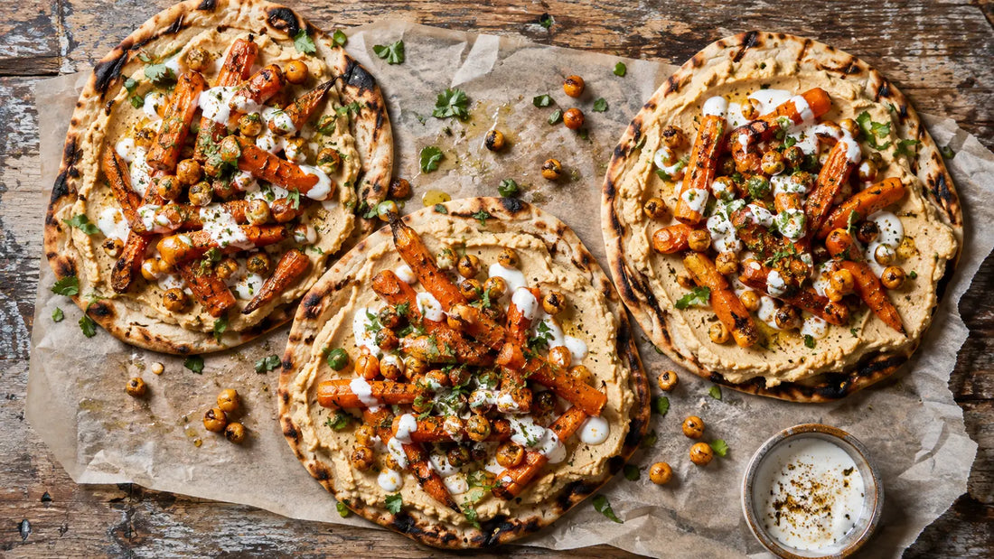 Ras El Hanout spiced carrot and hummus flatbreads with chickpeas, herbs and yoghurt drizzle.