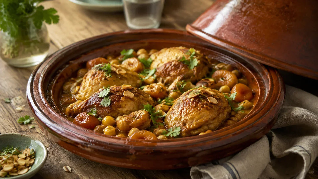 A Moroccan-inspired chicken, apricot and chickpea tagine representing a guide to Moroccan spices and recipes.