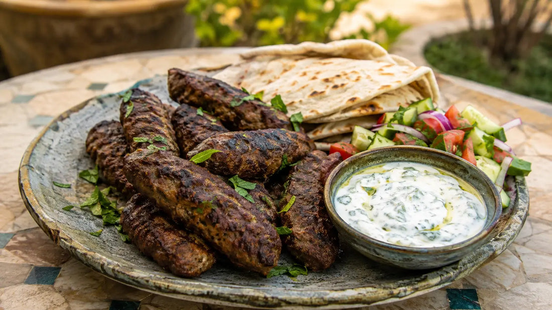 Ras El Hanout lamb koftas served with mint yoghurt, flatbread and a fresh salad.