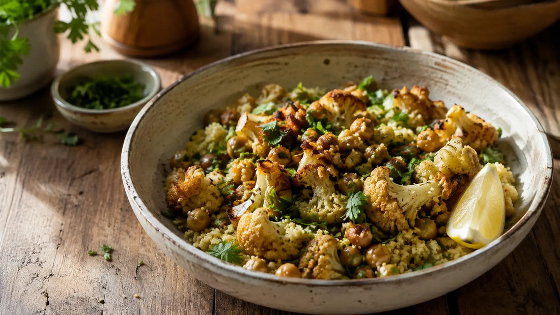 Ras El Hanout roasted cauliflower cous cous bowl with chickpeas, herbs and lemon.