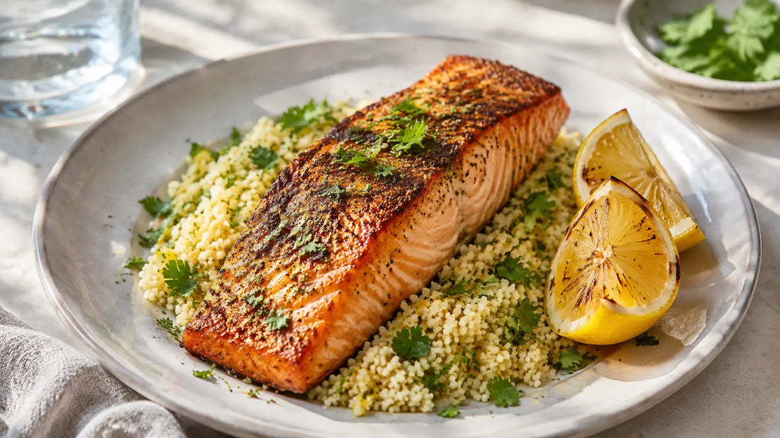 Ras El Hanout salmon served with lemon cous cous, roasted lemon and fresh herbs.