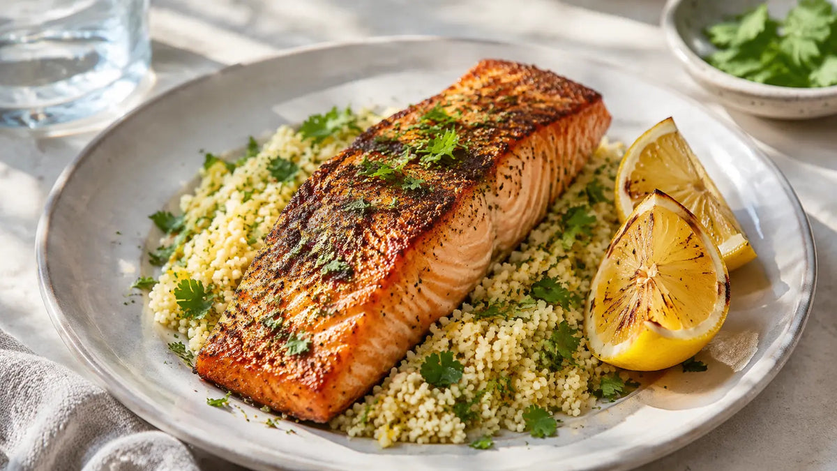 Ras El Hanout salmon served with lemon cous cous, roasted lemon and fresh herbs.