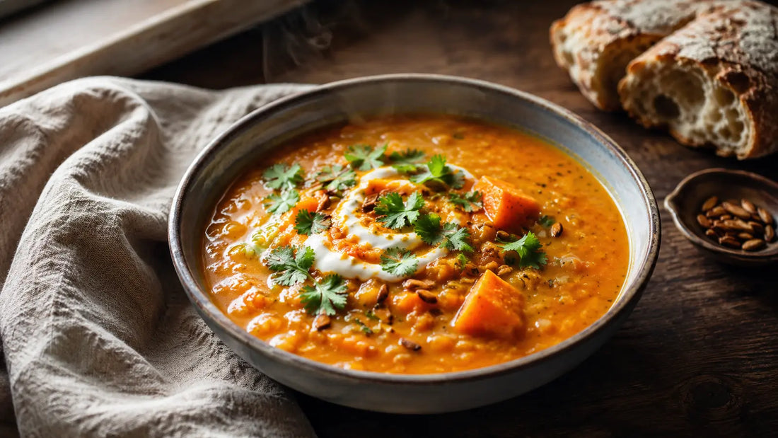Ras El Hanout sweet potato and red lentil soup with yoghurt, coriander and toasted seeds.