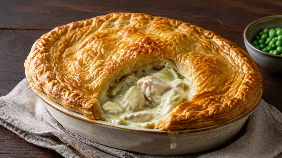Creamy Roast Chicken Seasoning chicken, leek and mustard pie with deeply golden flaky pastry.