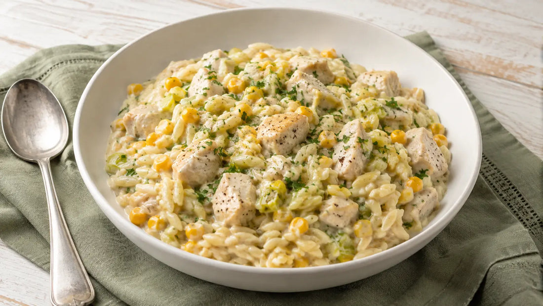 Creamy Roast Chicken Seasoning chicken and sweetcorn orzo with leek and fresh parsley.