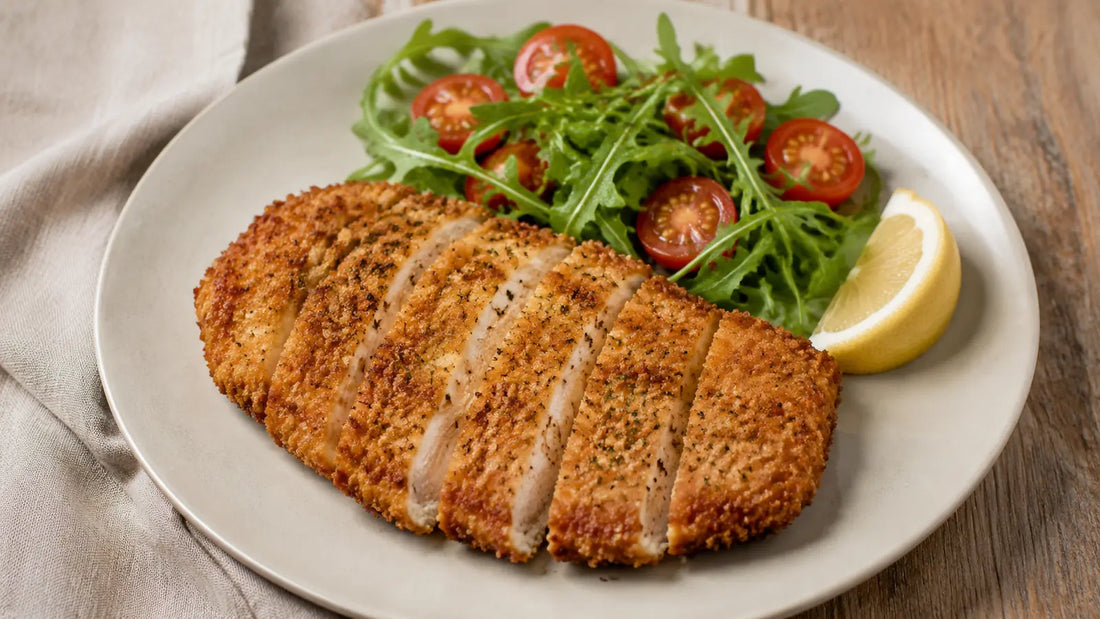 Crispy Roast Chicken Seasoning chicken schnitzel with lemon and a fresh rocket and tomato salad.