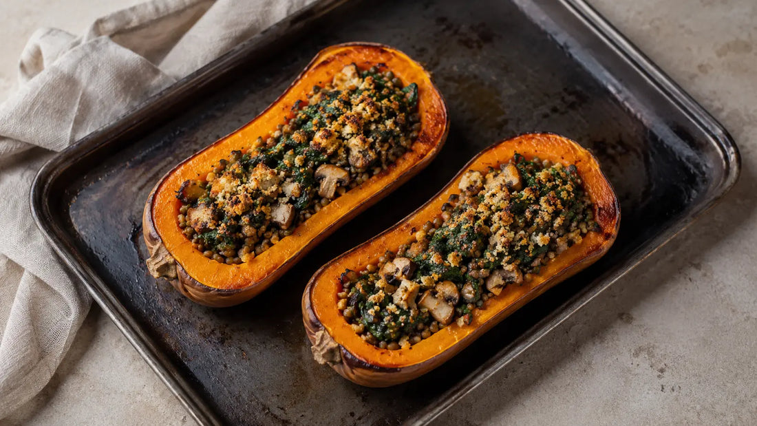 Roast Chicken Seasoning butternut squash halves stuffed with lentils, mushrooms, spinach and golden breadcrumbs.