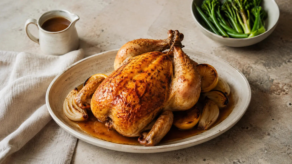 Golden Roast Chicken Seasoning Sunday roast with lemon, roasted onions, green vegetables and a jug of pan gravy.
