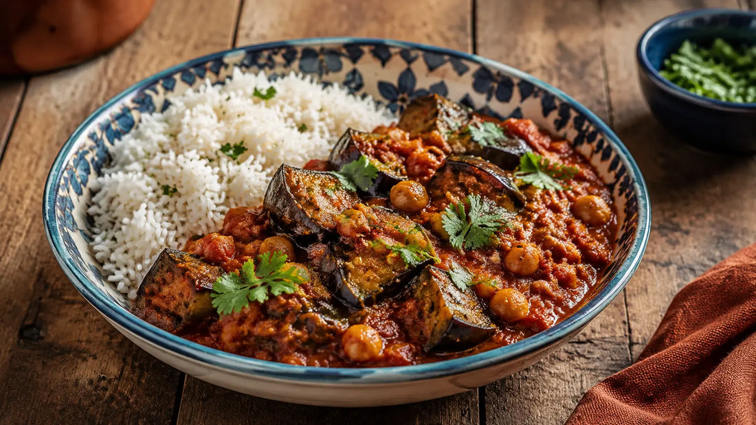 Roasted aubergine and chickpea Rogan Josh curry with basmati rice and fresh coriander.