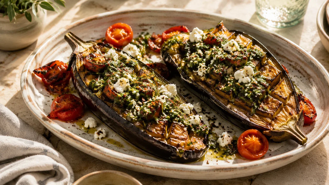 Roasted aubergine halves topped with chimichurri, crumbled feta and roasted cherry tomatoes.