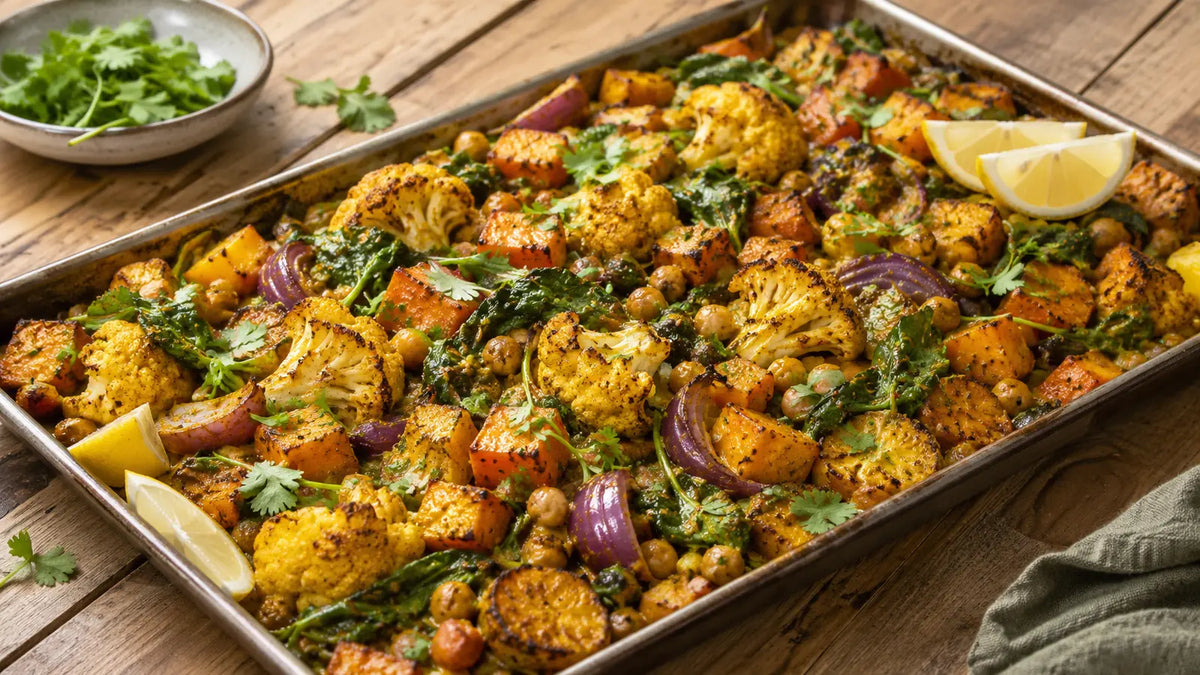 Roasted cauliflower and sweet potato Korma traybake with chickpeas, red onion, spinach and lemon.