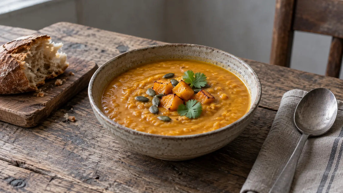 Rustic roasted squash and red lentil soup with pumpkin seeds and coriander