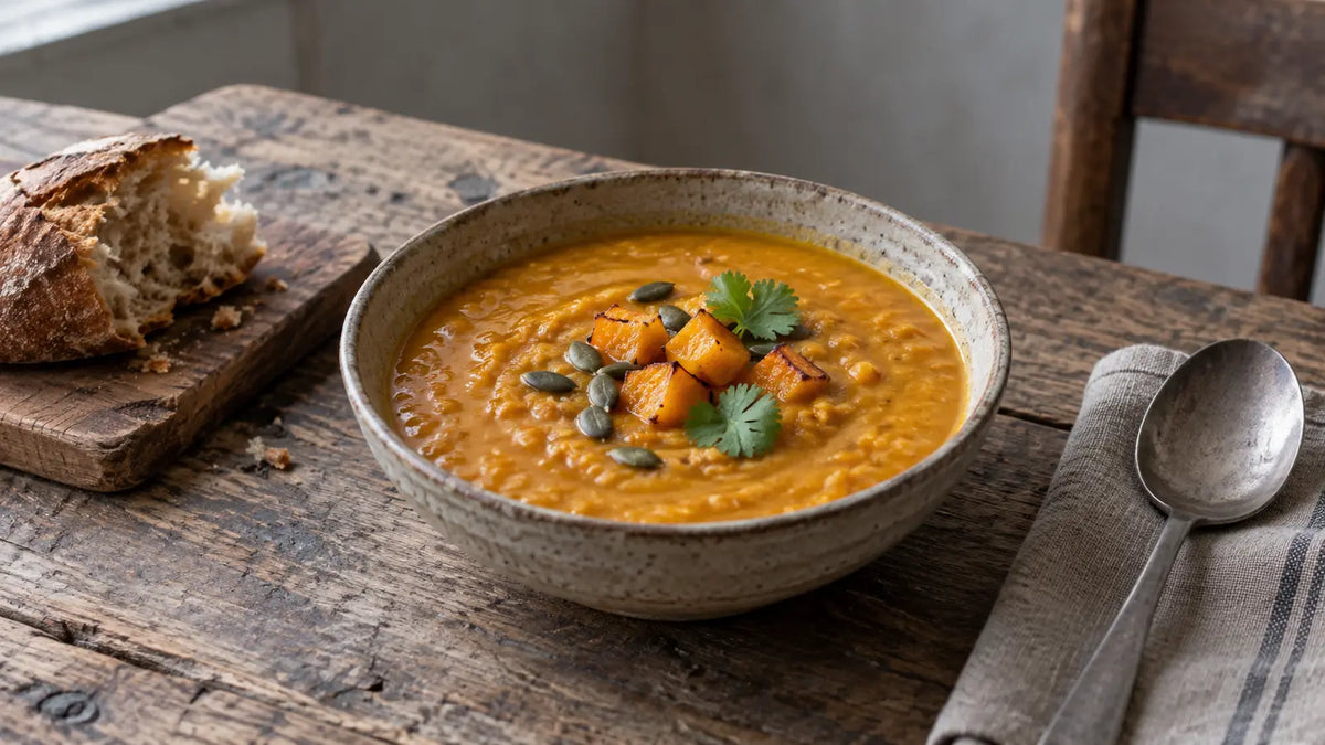 Rustic roasted squash and red lentil soup with pumpkin seeds and coriander