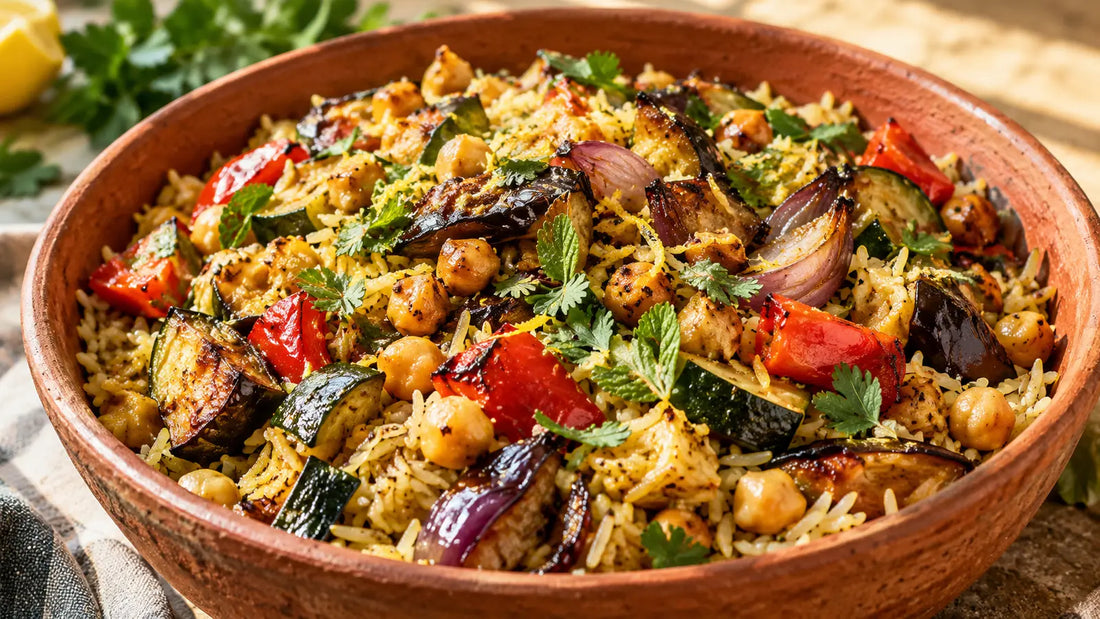 Roasted vegetable and chickpea pilau with aubergine, courgette, peppers and herbs
