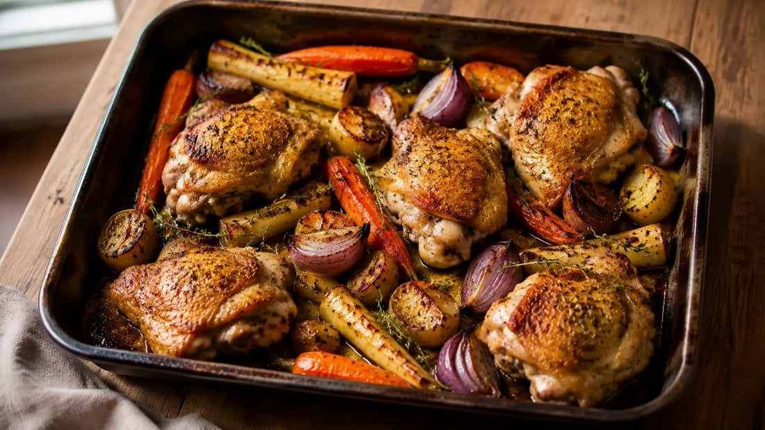 Roasty Roots chicken traybake with golden chicken thighs, roasted carrots, parsnips, potatoes and red onions.