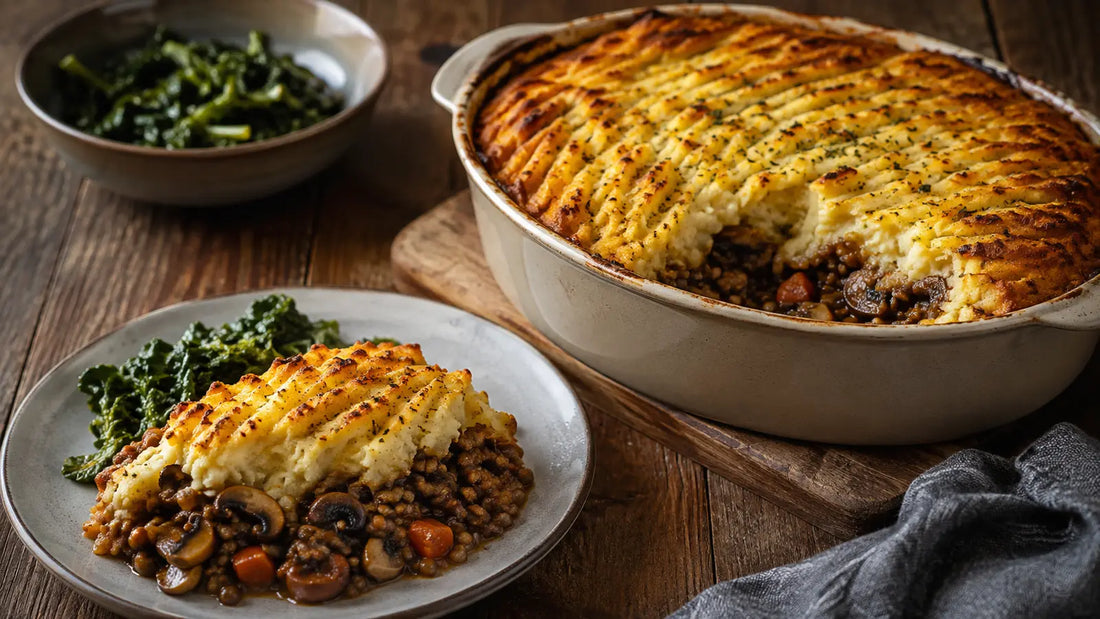 Roasty Roots mushroom and lentil cottage pie with golden ridged mashed potato and greens.