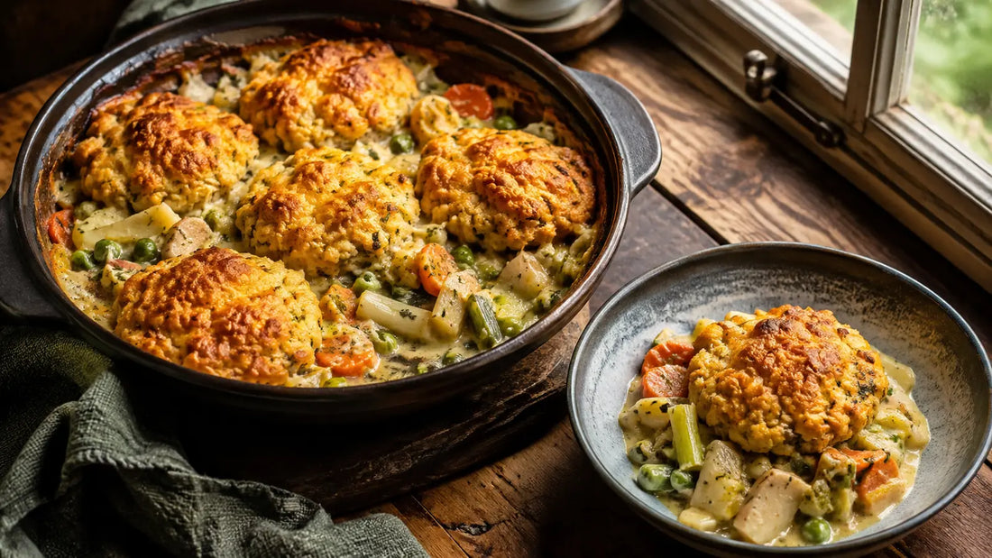 Roasty Roots vegetable cobbler with carrots, parsnips, leeks, peas and golden cheddar scone topping.