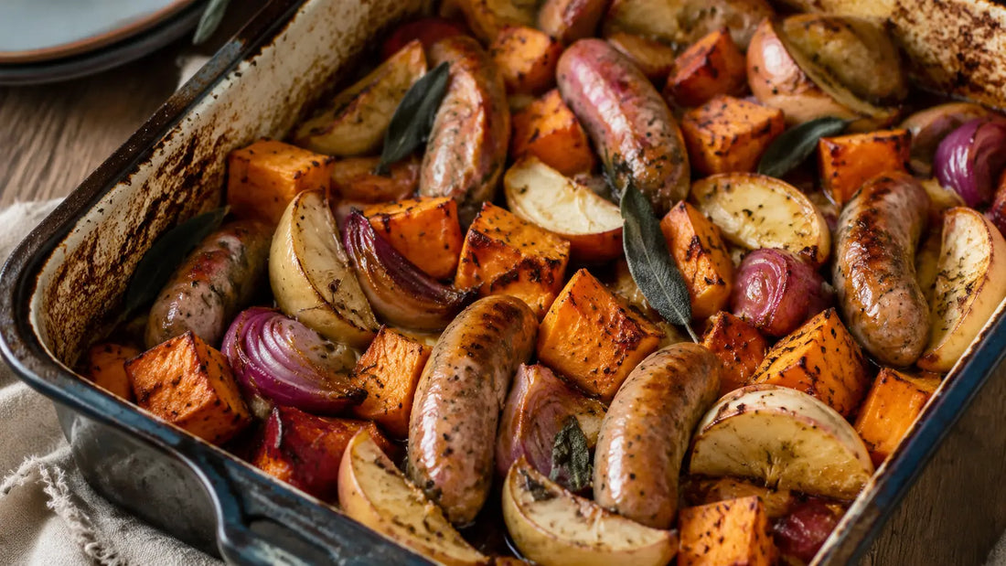 Roasty Roots sausage traybake with caramelised apple, sweet potato, red onion and sage.