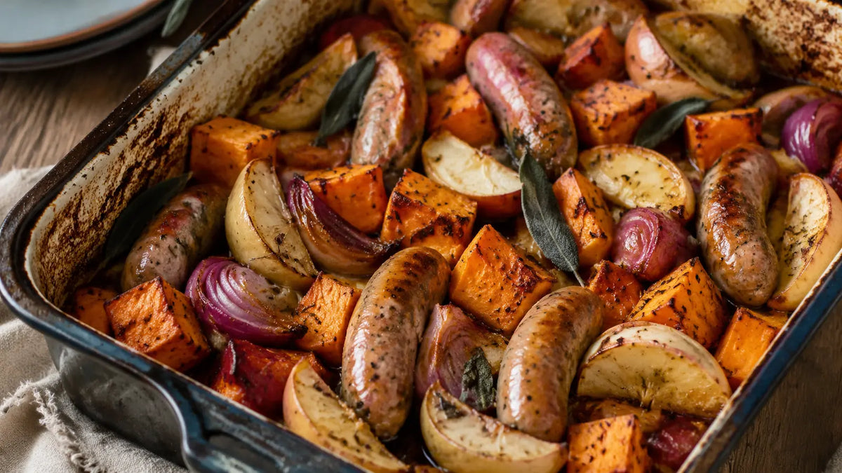 Roasty Roots sausage traybake with caramelised apple, sweet potato, red onion and sage.