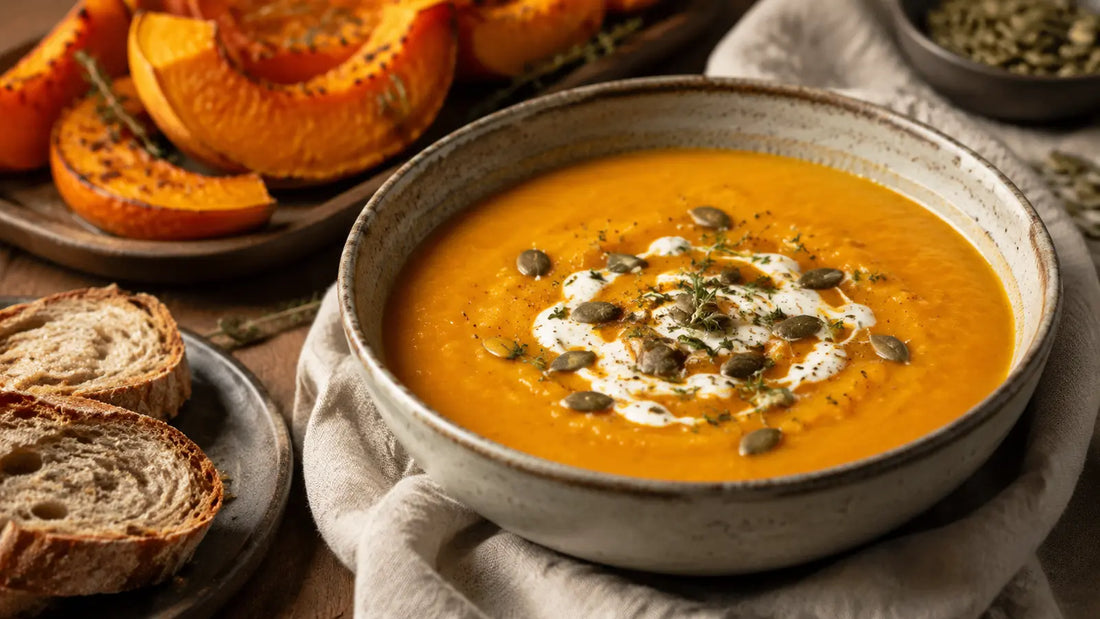 Roasty Roots roasted butternut squash and red lentil soup with yoghurt, pumpkin seeds and crusty bread.