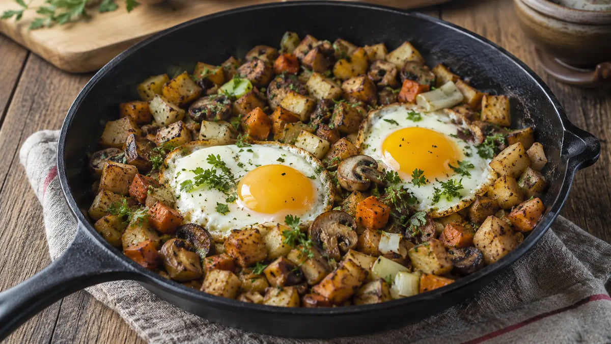 Crispy Roasty Roots vegetable hash with mushrooms and two baked eggs in a cast-iron pan.