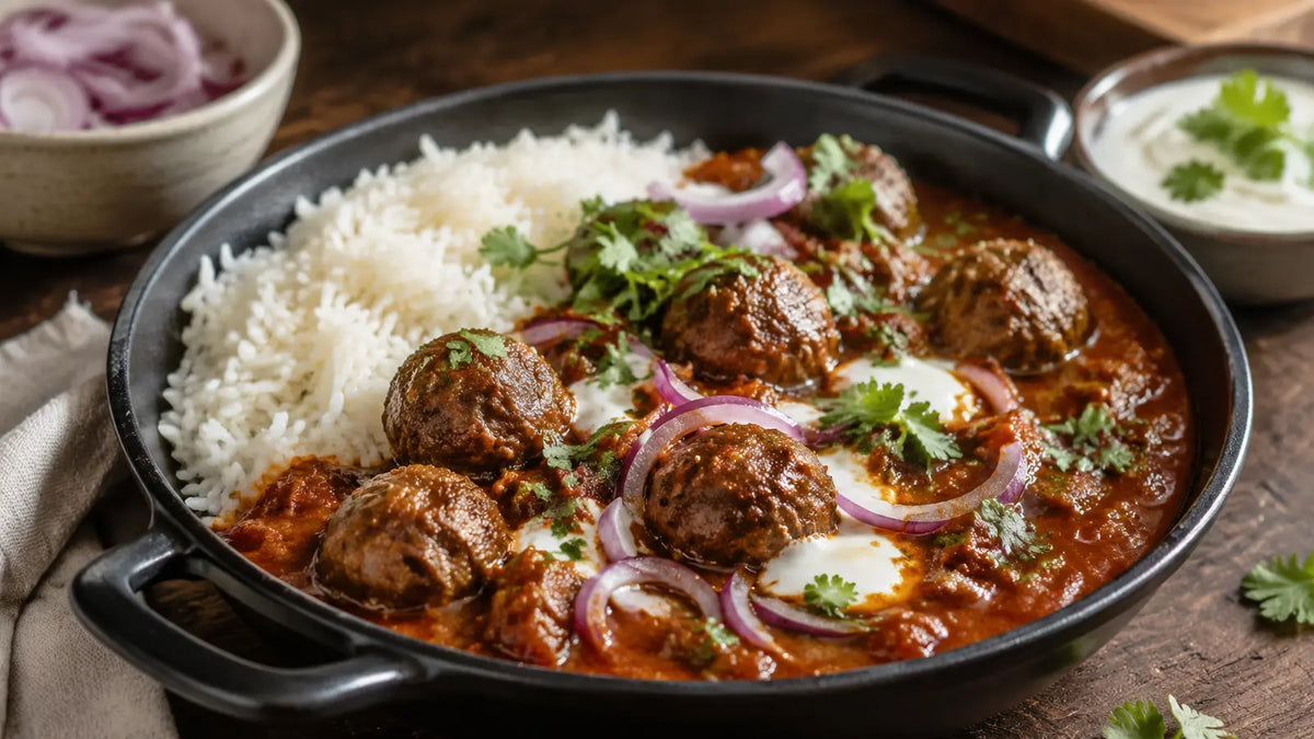 Rogan Josh beef meatballs in a rich tomato sauce with basmati rice, yoghurt, red onion and coriander.