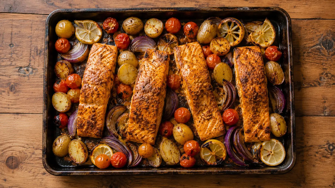 Rogan Josh-spiced salmon traybake with baby potatoes, cherry tomatoes, red onion and lemon.