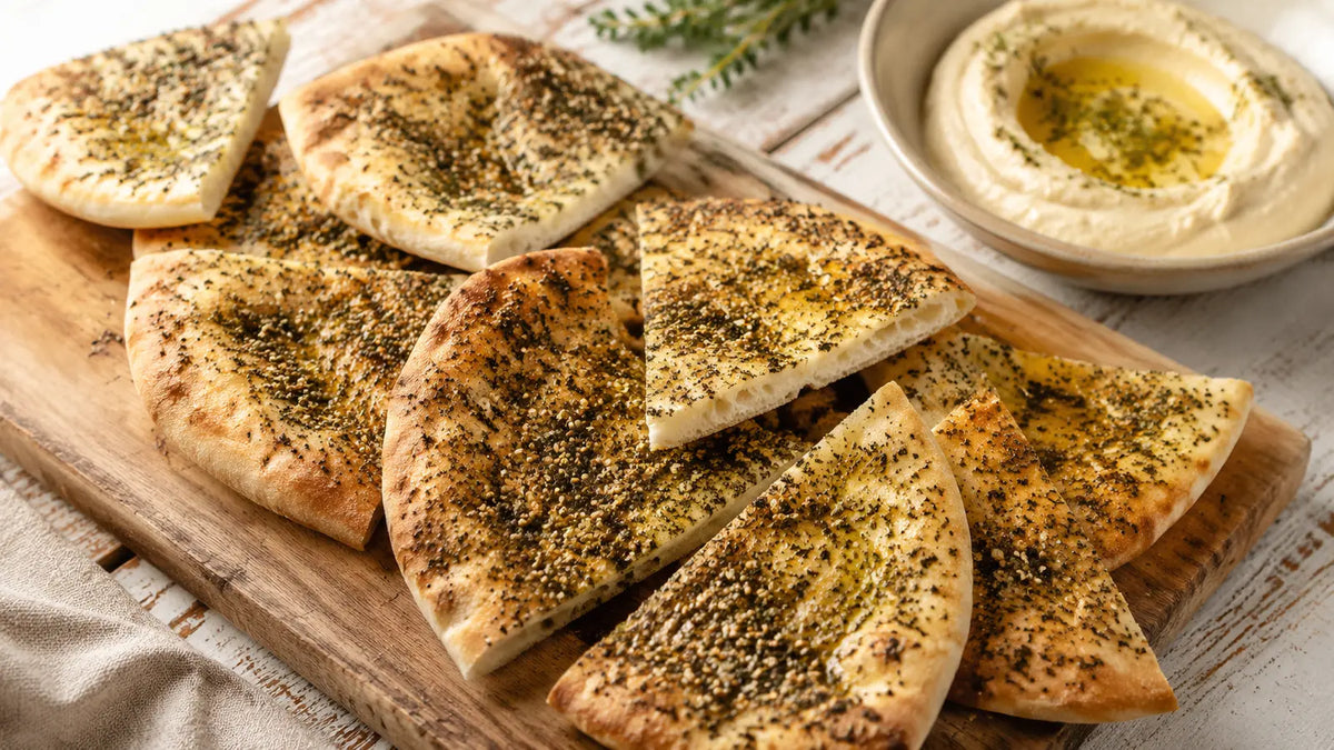 Golden Za’atar pitta wedges brushed with olive oil and served with creamy hummus.