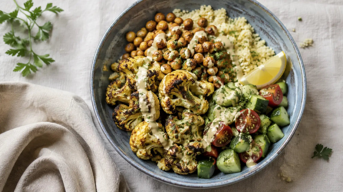 Shawarma roasted cauliflower and chickpea bowl with cous cous, fresh vegetables and lemon-tahini drizzle.