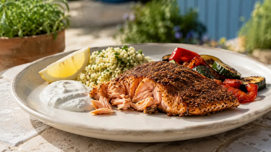 Shawarma spiced salmon fillet served with herby cous cous, roasted vegetables and lemon.